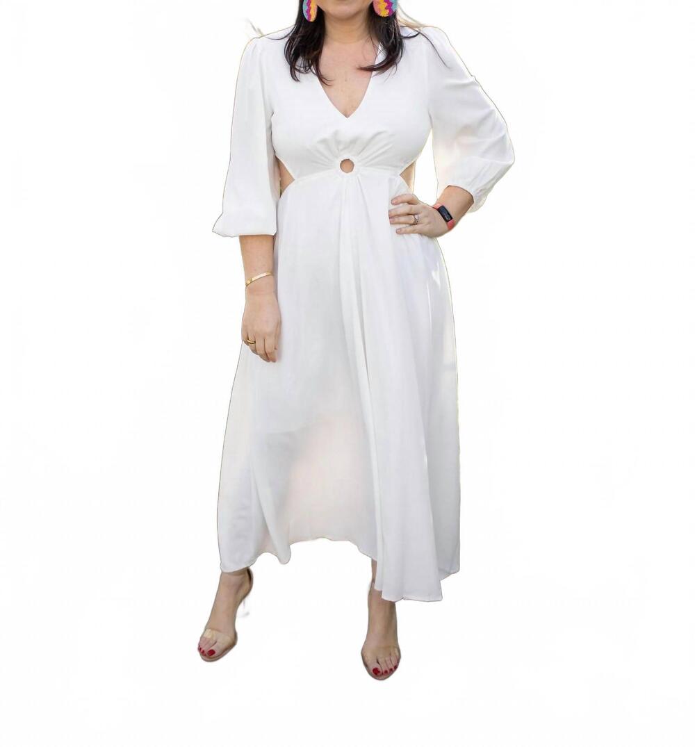 NEW ENTRO solid v-neck long sleeve maxi dress in white